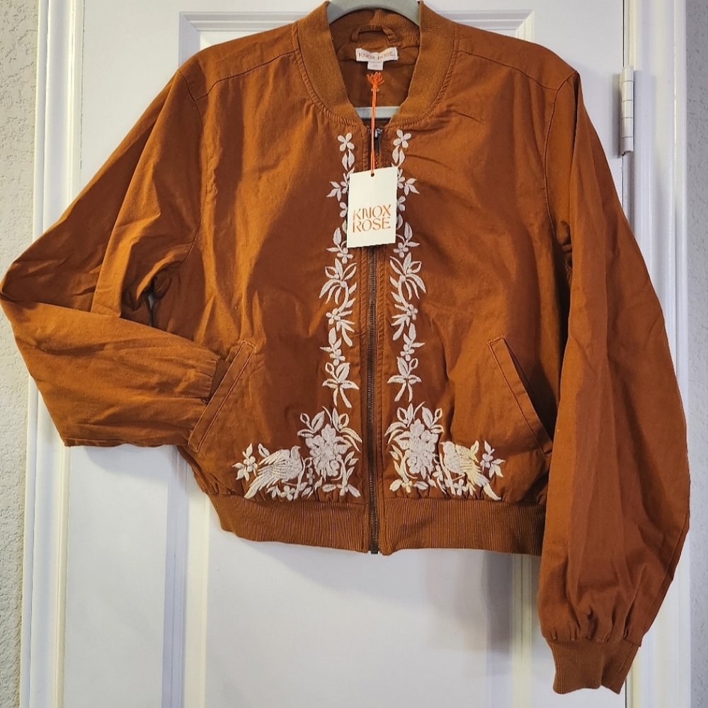 Embroidered Bomber Jacket with tassel on zipper, size Medium.